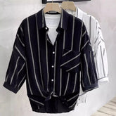 Threebooy Mens Shirt Pocket Striped Long Sleeved Shirt Summer Ice Silk Casual Breathable Moisture Wicking Japanese Top Men's Clothing